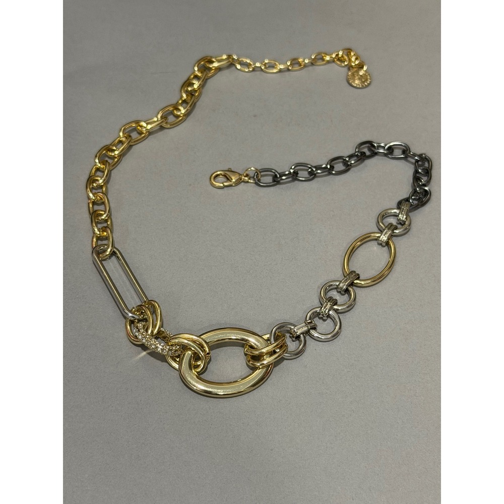 Graziano Mixed Metal Link Necklace Gold Tone Silver Tone Gunmetal Pave Accents - Picture 4 of 16